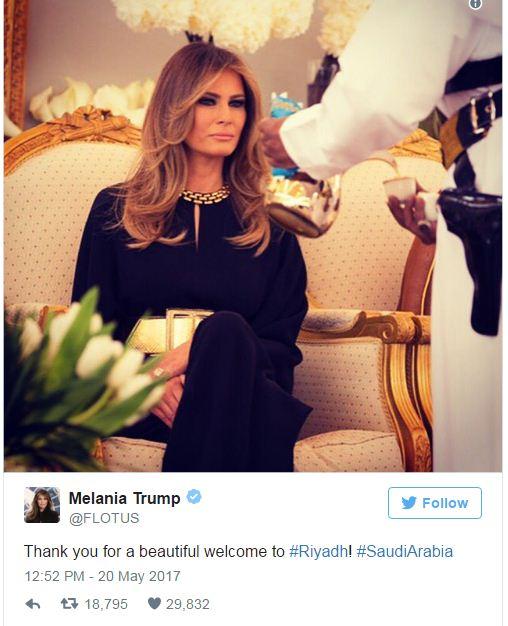 هكذا غردت ميلانيا ترامب زوجة الرئيس الامريكي اليوم خلال زيارتها الى السعودية 